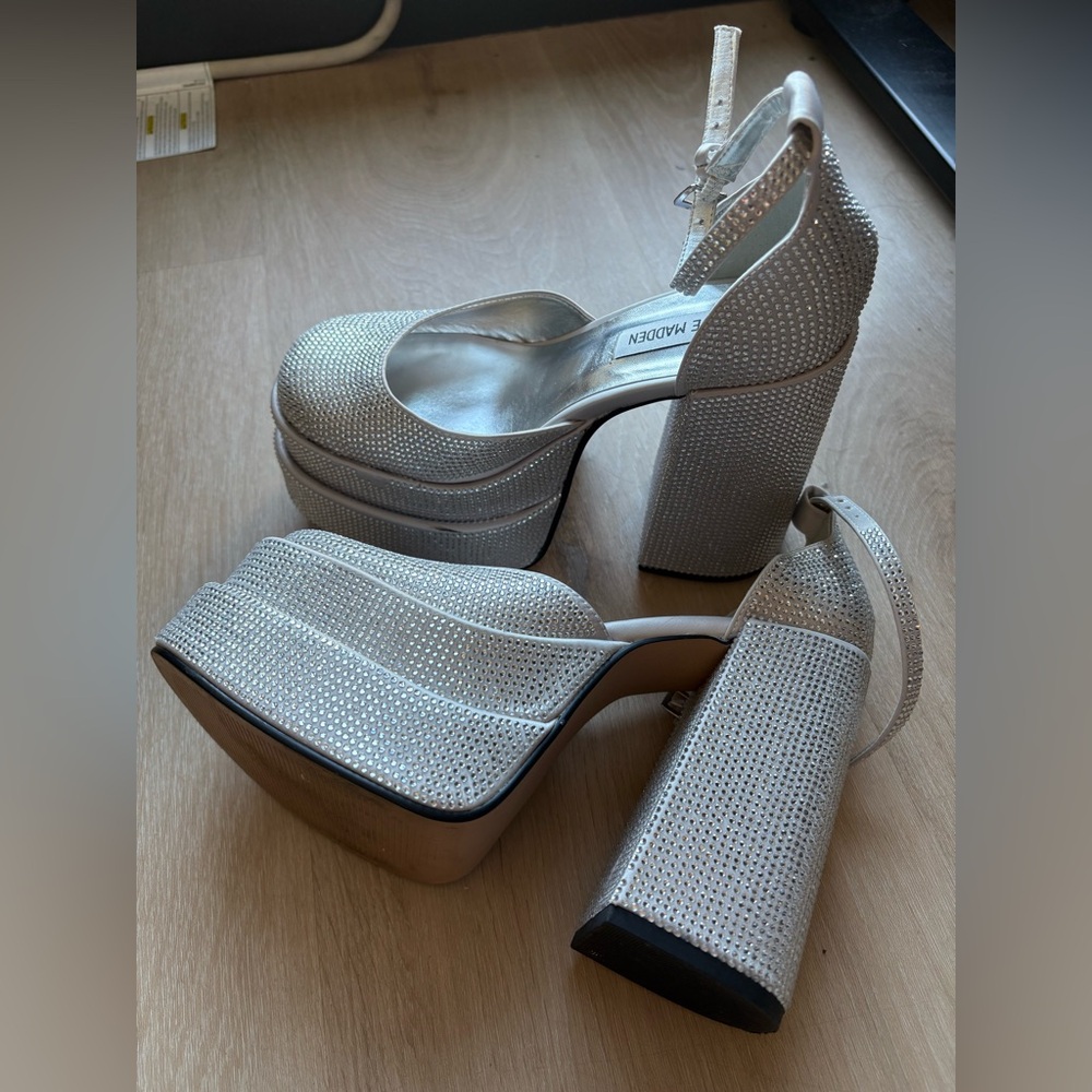 Steve Madden Silver Platform Heels with Rhinestones